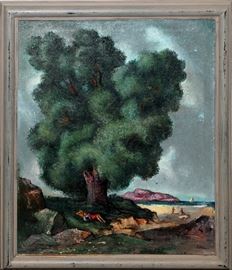 2210 - WALTER MILTON KILLAM (AMER., 1907-1979), OIL ON CANVAS, 1940, H 30", W 25", THE PICNIC TREE