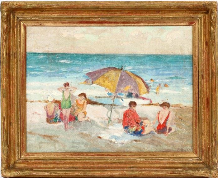2219 - AFTER MATHIAS JOSEPH ALTEN (AMERICAN, 1871-1938), OIL ON BOARD, H 12", W 16", COUPLES SEATED BY BEACH