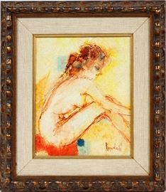 2353 - A. PUCCI, OIL ON CANVAS, 1969, H 10 7/8", W 8 1/2", SEATED FEMALE NUDE
