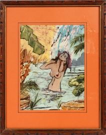2354 - PAINTING ON SILK, H 14.5", W 11.25", NUDE BATHER