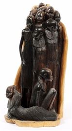 1221 - AFRICAN RELIEF CARVING, H 17'', D 16''