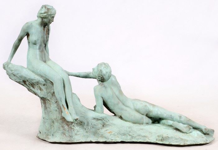 2006 - ROLAND HINTON PERRY (USA 1870 - 41) BRONZE SCULPTURE, 1913, H 26" W 41" NUDE LOVERS
