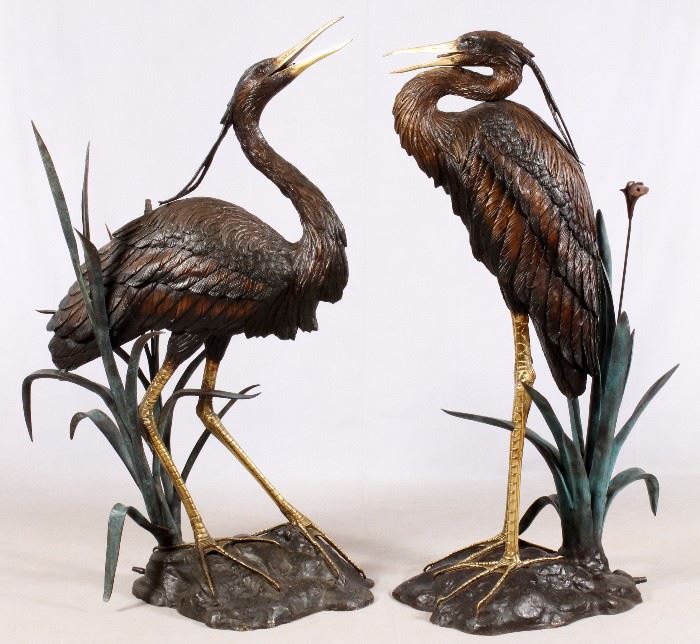 2008 - BRONZE HERON GARDEN FOUNTAINS, PAIR, H 65", L 44" AND H 62", L 31"