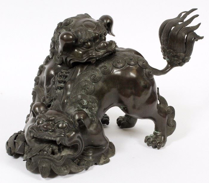 2131 - CHINESE BRONZE FOO LIONS, H 10" W 8" L 12"