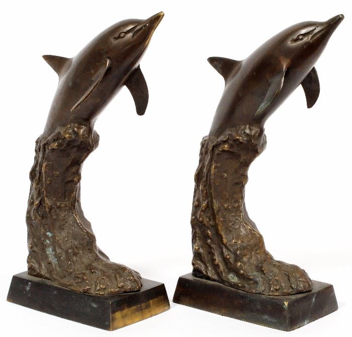 2161 - PAIR OF BRONZE DOLPHIN BOOKENDS, C. 1920, H 12"