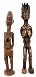 158 - AFRICAN CARVED WOOD FERTILITY FIGURES, TWO, H 21.5" AND 24"