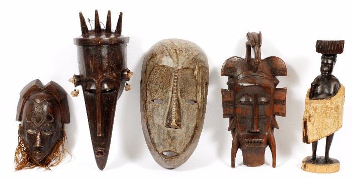 157 - AFRICAN CARVED WOOD CEREMONIAL MASKS AND FIGURE, FIVE PIECES