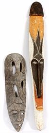 159 - AFRICAN PATINATED WOOD CEREMONIAL MASKS, TWO, H 30" AND 51"