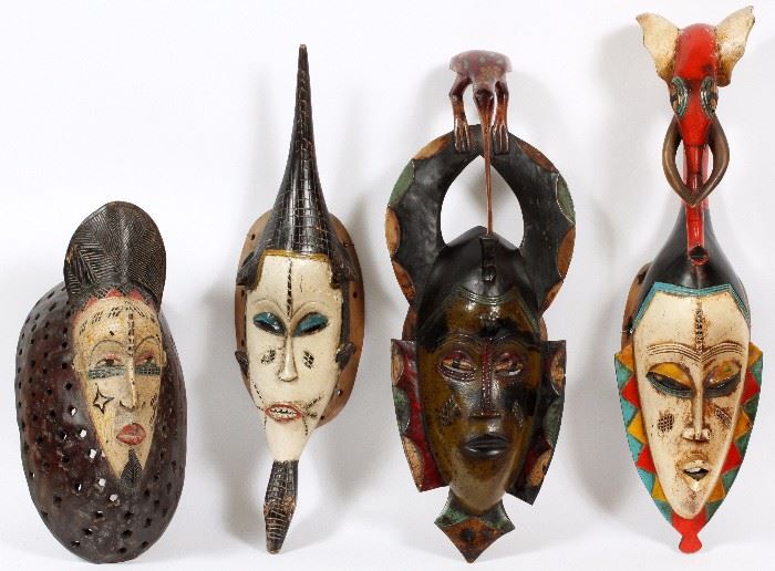156 - AFRICAN CARVED PATINATED WOOD CEREMONIAL MASKS, FOUR