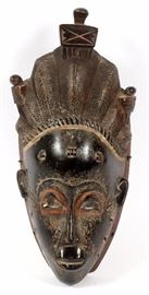 164 - AFRICAN BAULE CARVED WOOD TRIBAL MASK, C. 1960'S, H 15", W 7"