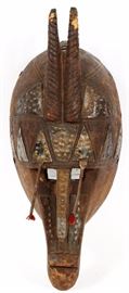 169 - AFRICAN HORNED BAMANA COPPER AND WOOD TRIBAL MASK, H 15", W 5"