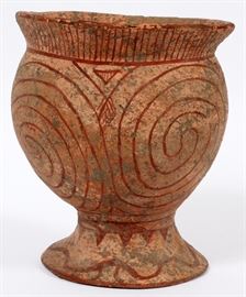 175 - BAN CHIENG STYLE, RED-PAINTED CLAY FIRED VESSEL, H 7 3/4", DIA 6 1/2"