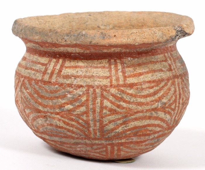 180 - BAN CHIENG STYLE RED-PAINTED FIRED CLAY VESSEL, H 3.25", DIA 4"