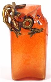 1152 - STICLART ROMANIAN ART GLASS AND APPLIED COPPER VASE, H 9"