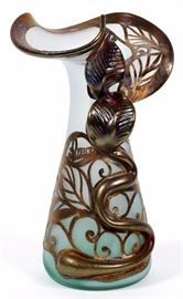 1153 - ROMANIAN ART GLASS AND APPLIED COPPER VASE, H 9", W 6"