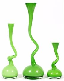 1159 - NORMANN OF COPENHAGEN GREEN ART GLASS VASES, SET OF 3, H 7 1/2"-16"