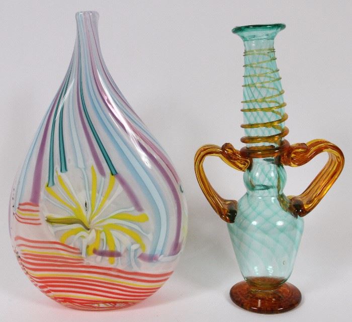 1540 - CONTEMPORARY STUDIO GLASS  BLOWN VASES, TWO, H 11", 12"