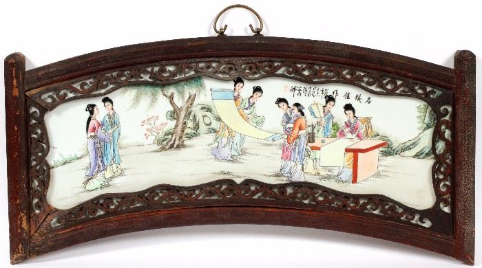2124 - CHINESE PORCELAIN PLAQUE WOMEN PAINTING SCROLLS, H 18" L 30"