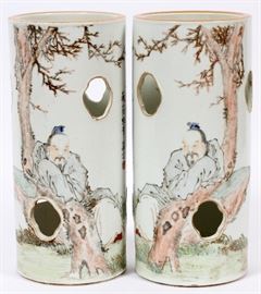 2133 - CHINESE HAND PAINTED CYLINDER PORCELAIN VASES, PAIR, H 11" DIA 5"