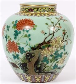 2317 - CHINESE CELADON FIELD  WITH FLOWERING TREES PORCELAIN VASE, H 8" DIA 7"