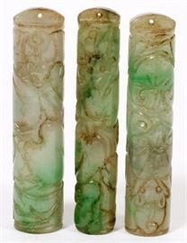 2323 - CHINESE CARVED MOTTLED GREEN JADEITE FEATHER HOLDERS, H 3 1/2"