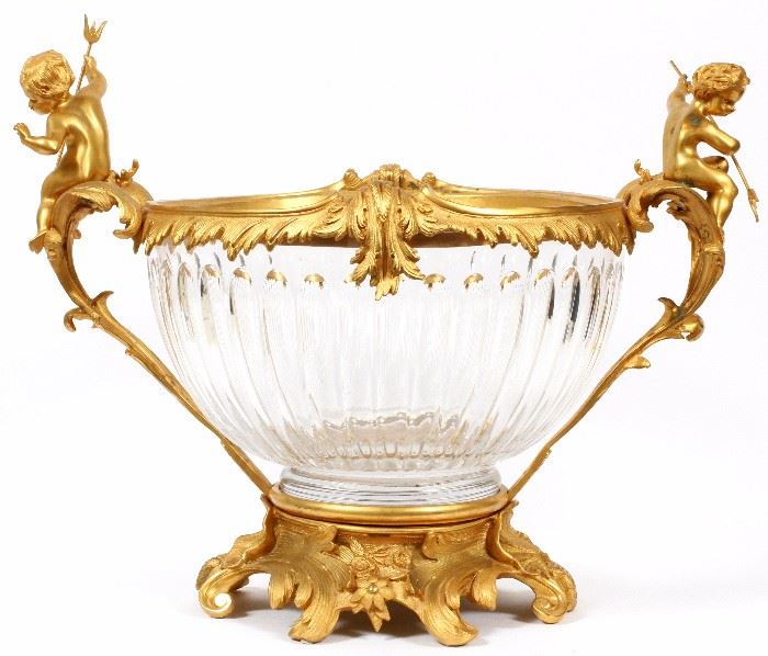 11 - FRENCH DORE BRONZE & CRYSTAL CENTER PIECE, H 19", L 24"