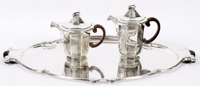 1008 - ITALIAN 800 SILVER TEAPOT, COFFEE POT, AND TRAY, EARLY-MID 20TH C., 3 PIECES, H 7 1/2"-8 1/2", L 29 1/2"