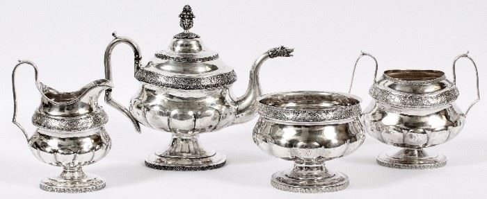 1009 - JOHN WESLEY FORBES COIN SILVER TEA SET, C.1830, FOUR PIECES, H 5"-10"
