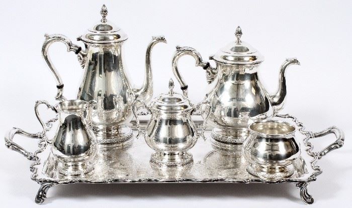 1006 - INTERNATIONAL 'PRELUDE' STERLING TEA & COFFEE SERVICE, AND SILVER PLATE TRAY 6 PIECES