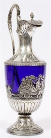 1018 - FRENCH STERLING AND COBALT GLASS CLARET JUG, C. 1880, H 13 7/8"