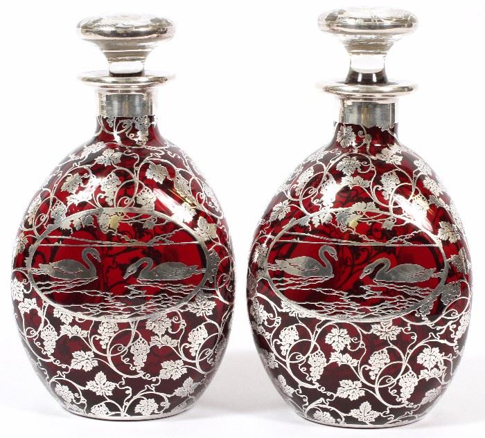 1019 - AMERICAN RUBY GLASS & STERLING OVERLAY DECANTERS, PAIR, H 9 1/4''