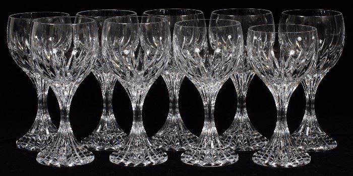 1052 - BACCARAT 'MASSENA' CRYSTAL WINE GLASSES, SET OF 9, H 6 3/4"