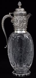 1059 - ENGLISH STERLING AND ETCHED GLASS EWER, 1889, H 13 1/4"
