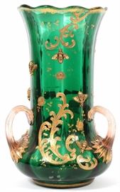 1069 - MOSER GILT AND ENAMELED EMERALD GLASS LOVING CUP, LATE 19TH C., H 8 1/4"