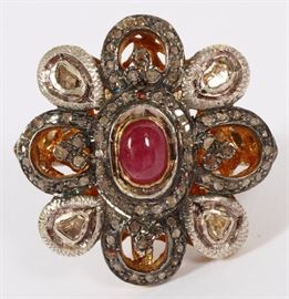 1105 - GOLD FILIGREE AND MINE CUT DIAMOND AND RUBY RING, SIZE 6