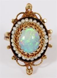 1109 - OPAL, SEED PEARL & 14KT GOLD RING, SIZE 4.5