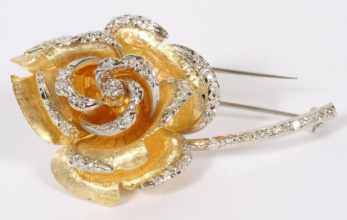 1275 - .90CT DIAMOND AND 18KT WHITE AND YELLOW GOLD ROSE PIN, W 2 1/2"