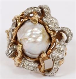 2044 - 18KT GOLD, DIAMONDS AND PEARL RING, SIZE 5.25 TW. 17.1 GR.