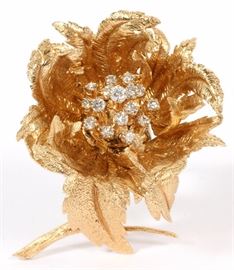 2051 - ROBERT ALTMAN, ADJUSTABLE 14KT GOLD AND DIAMOND ROSE FLOWER BROOCH