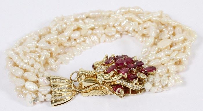 2253 - 14KT YELLOW GOLD, RUBY AND FRESHWATER PEARL BRACELET