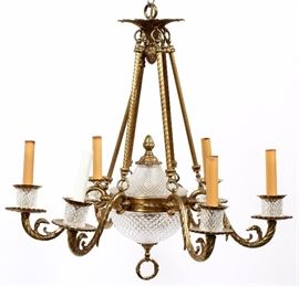 40 - BRASS TONED AND CUT CRYSTAL CHANDELIER, H 21'', DIA 21''