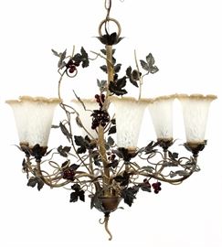 305 - ITALIAN, VINTAGE TIN LEAF, BERRY AND FLORAL FORM, 6-LIGHT CHANDELIER, H 26", DIA 26"