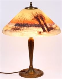 2082 - JEFFERSON SIGNED REVERSE PAINTED TWO-LIGHT LAMP, H 23", DIA 18"