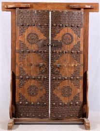 75 - CHINESE HARDWOOD AND IRON MOUNTED TEMPLE DOORS, H 92", W 61", D 7"