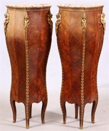 83 - LOUIS XV STYLE FRUITWOOD, BRONZE, & MARBLE TOPPED PEDESTALS, PAIR, H 50", W 15" L 15"