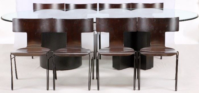 88 - 'DONGHIA', GLASS TOP CUSTOM MADE OVAL DINING TABLE & CHAIRS, 9 PCS