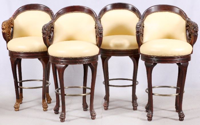 87 - CARVED WOOD & LEATHER BAR STOOLS, SET OF FOUR, H 47", W 25", D 26"