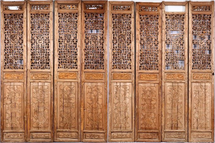 74 - CHINESE CARVED PANEL SCREEN, 20TH C., 8 PANELS, H 118", W 21 1/2", D 2"