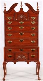215 - HENKEL HARRIS CHIPPENDALE STYLE MAHOGANY HIGH CHEST OF DRAWERS, 2 PCS., H 86", W 41", D 22"