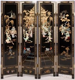 222 - CHINESE, FOUR-PANEL, PAINTED LACQUER SCREEN, MID 20TH C, H 72", W 18" (EACH PANEL), 72" TOTAL